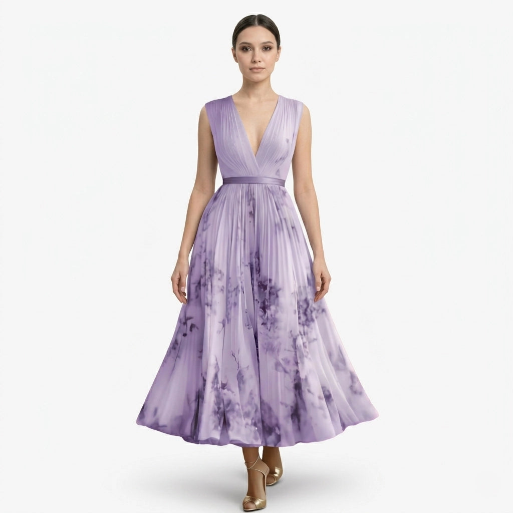 Oldevaine | Pleated Midi Dress V-Neck Sleeveless Floral Print A-Line - optimize
