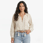 Oldevaine | Women's Printed Lace Trim Long Sleeve Boho Blouse - optimize