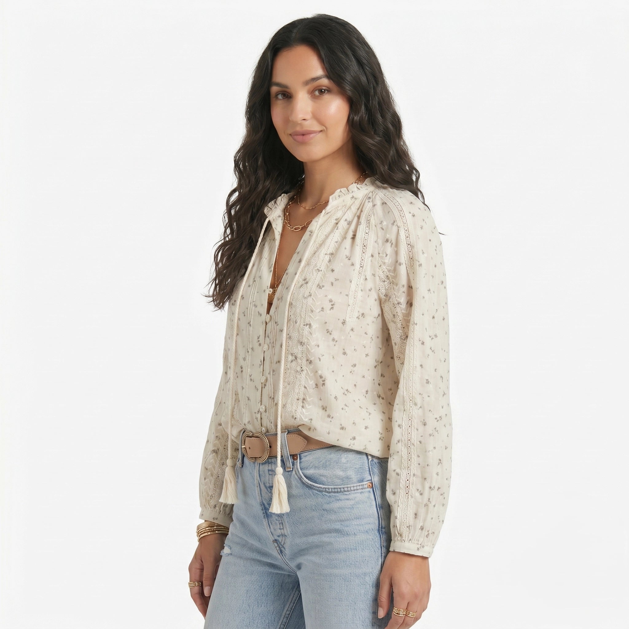 Oldevaine | Women's Printed Lace Trim Long Sleeve Boho Blouse - optimize