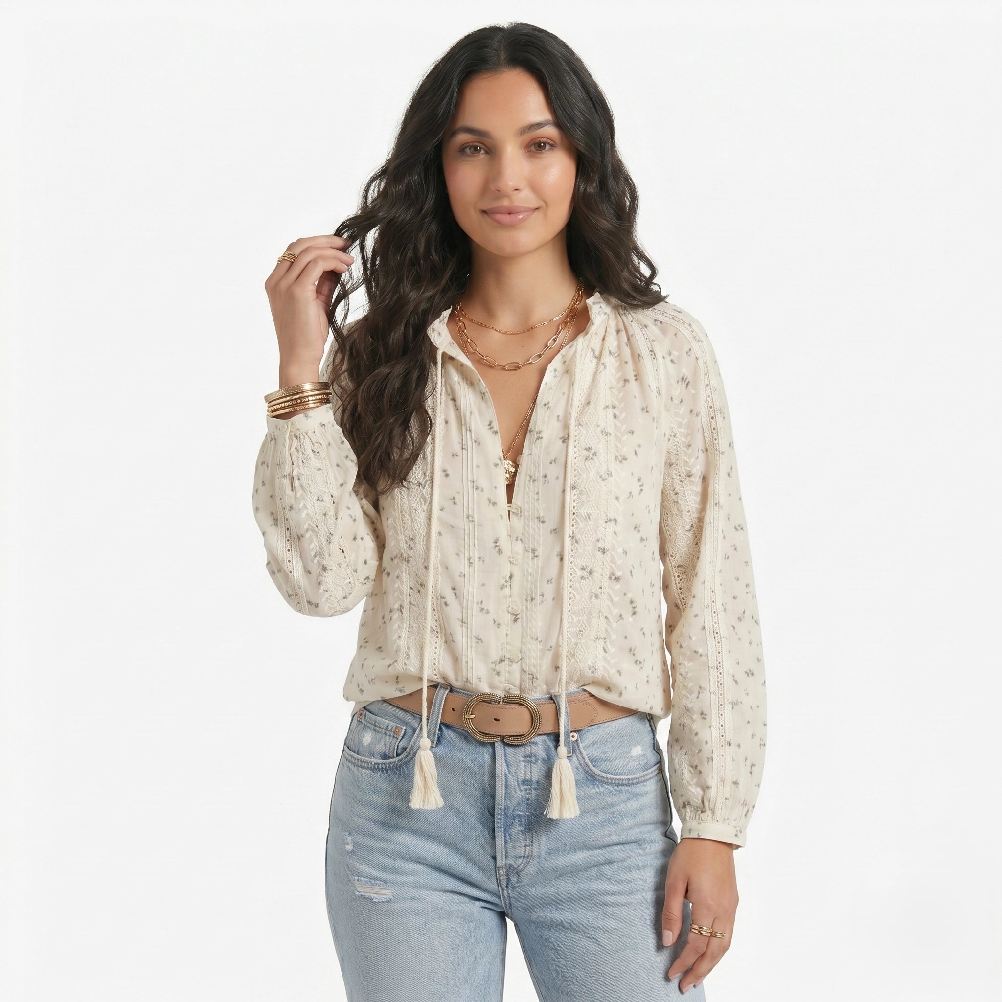 Oldevaine | Women's Printed Lace Trim Long Sleeve Boho Blouse - optimize