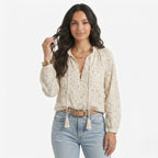 Oldevaine | Women's Printed Lace Trim Long Sleeve Boho Blouse - optimize