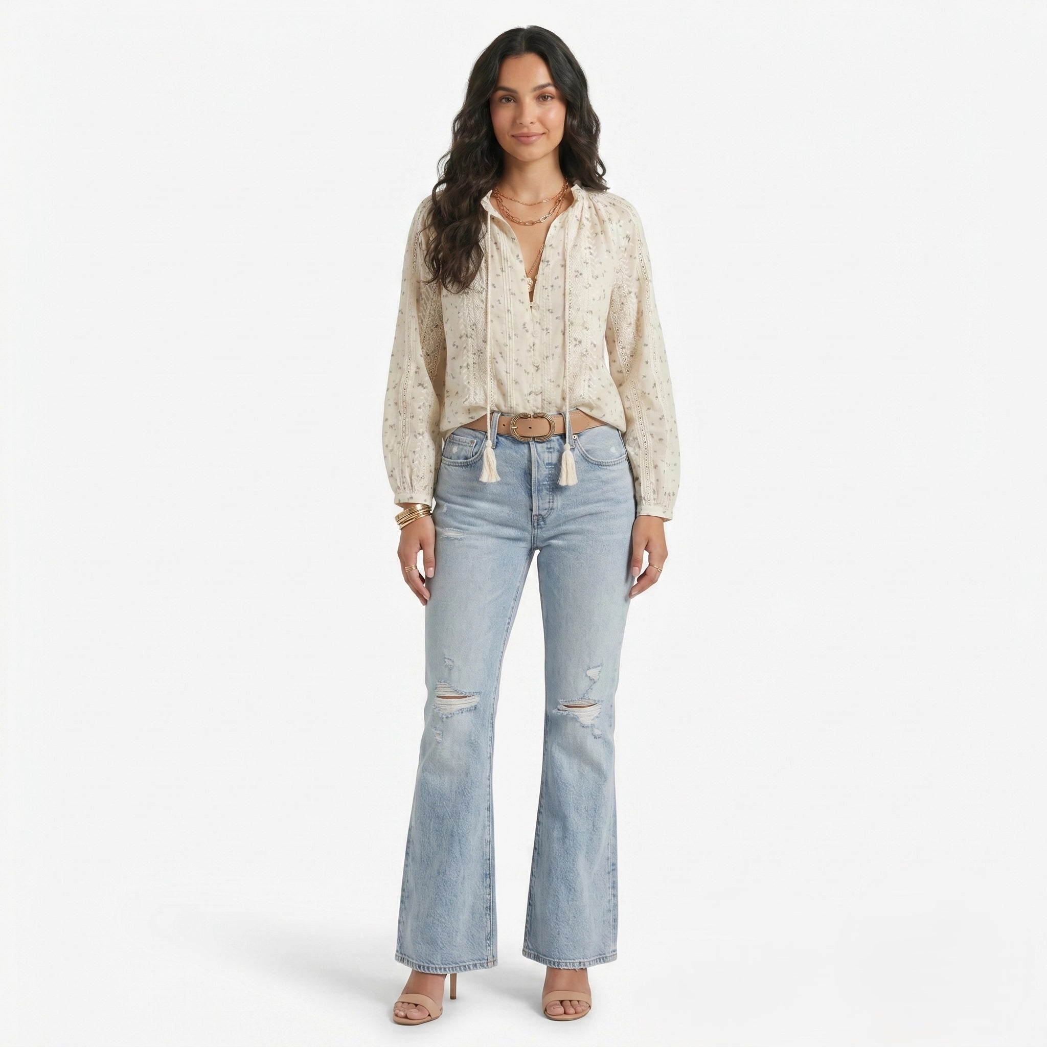 Oldevaine | Women's Printed Lace Trim Long Sleeve Boho Blouse - optimize