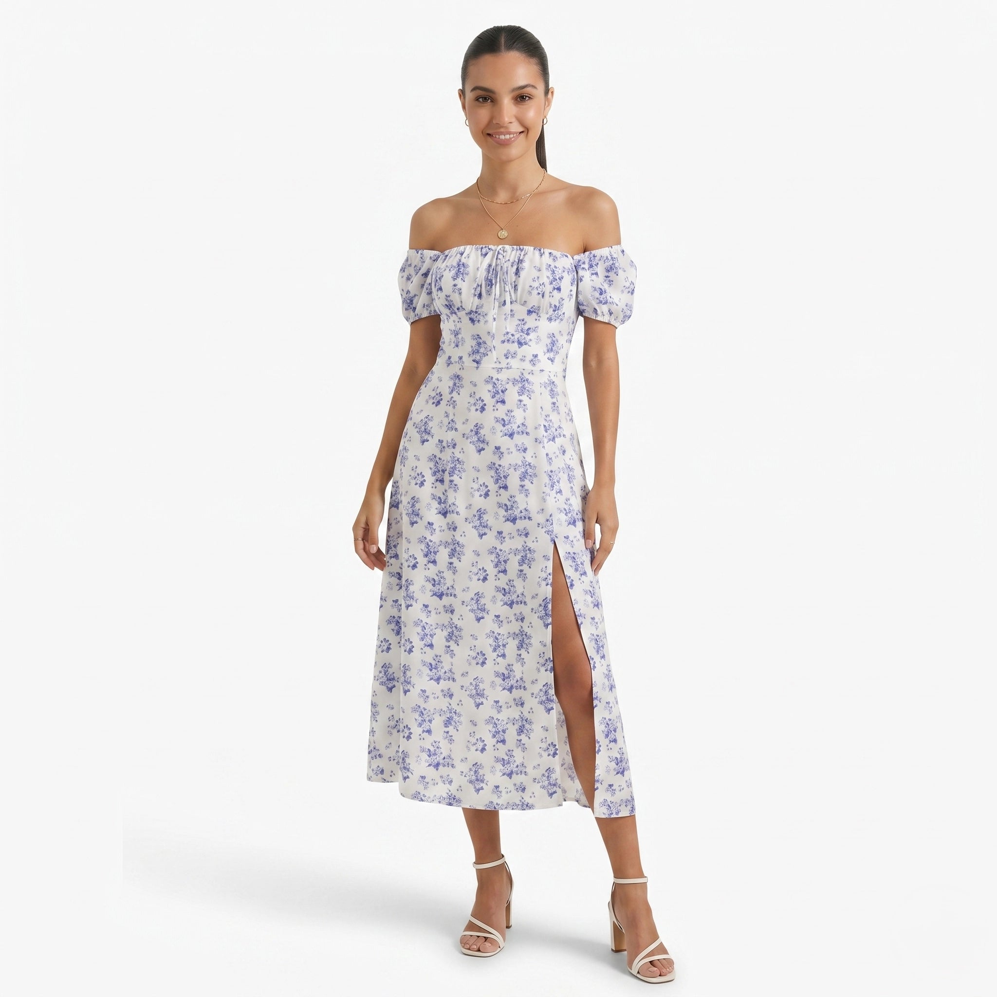 Oldevaine | Women's Floral Print Off Shoulder Midi Dress with Side Split - optimize