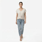 Oldevaine | Women's V Neck Short Sleeve Wrap Front Blouse Top - optimize