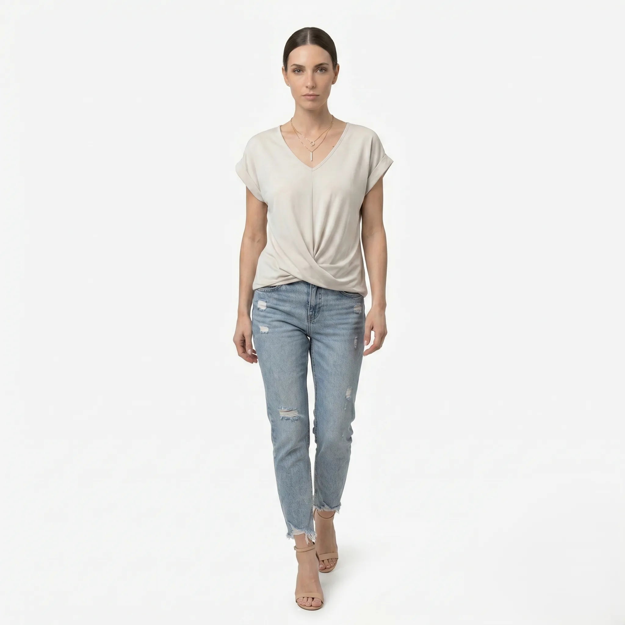 Oldevaine | Women's V Neck Short Sleeve Wrap Front Blouse Top - optimize