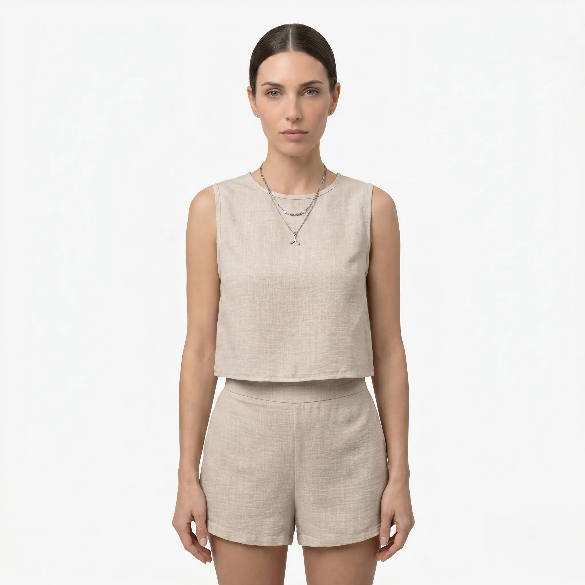 Oldevaine | Women's Two Piece Set Crew Neck Sleeveless Top and Shorts - optimize