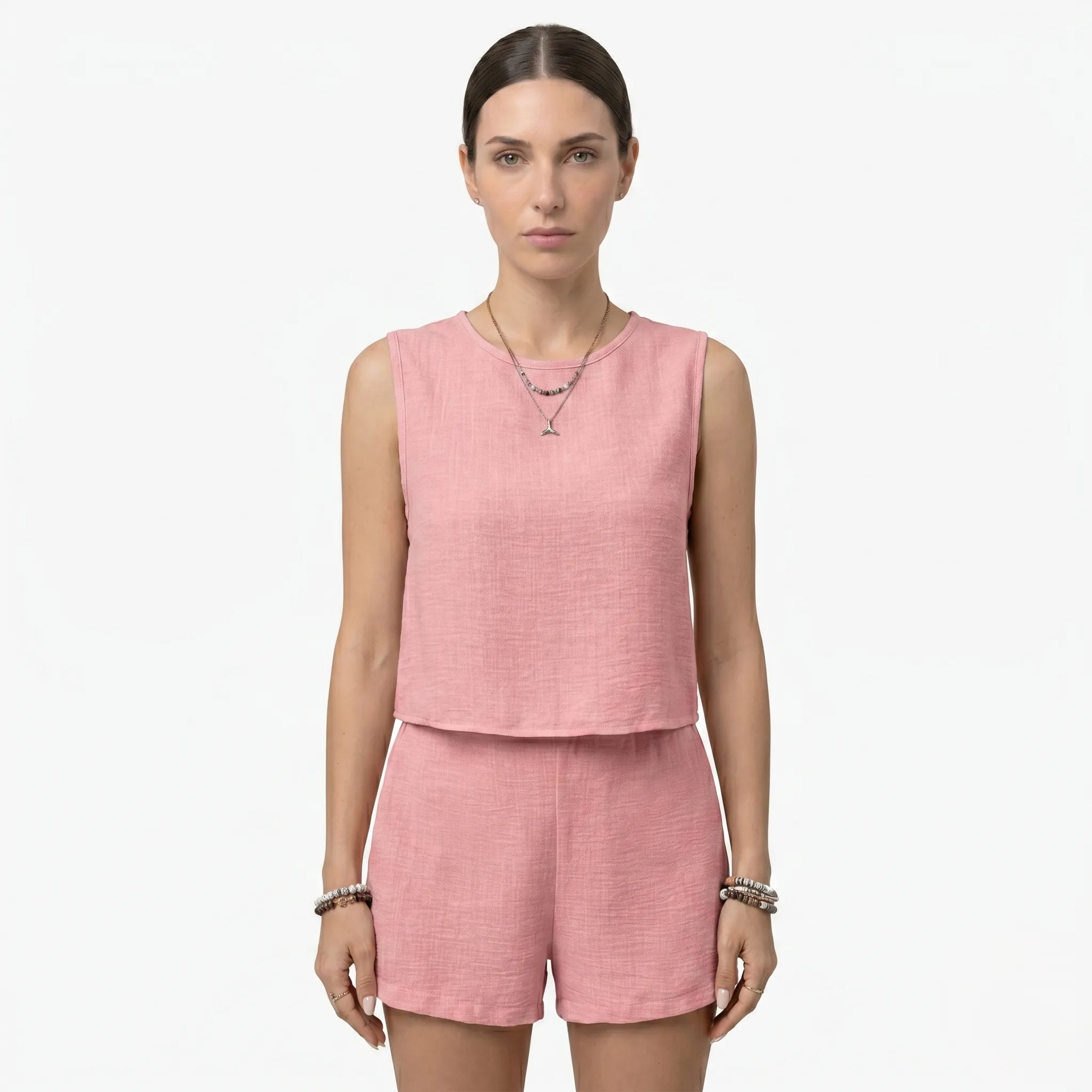 Oldevaine | Women's Two Piece Set Crew Neck Sleeveless Top and Shorts - optimize