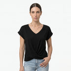Oldevaine | Women's V Neck Short Sleeve Wrap Front Blouse Top - optimize