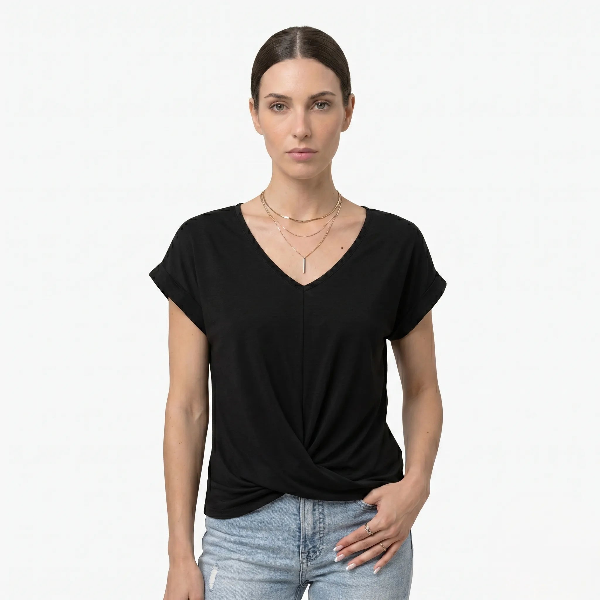 Oldevaine | Women's V Neck Short Sleeve Wrap Front Blouse Top - optimize