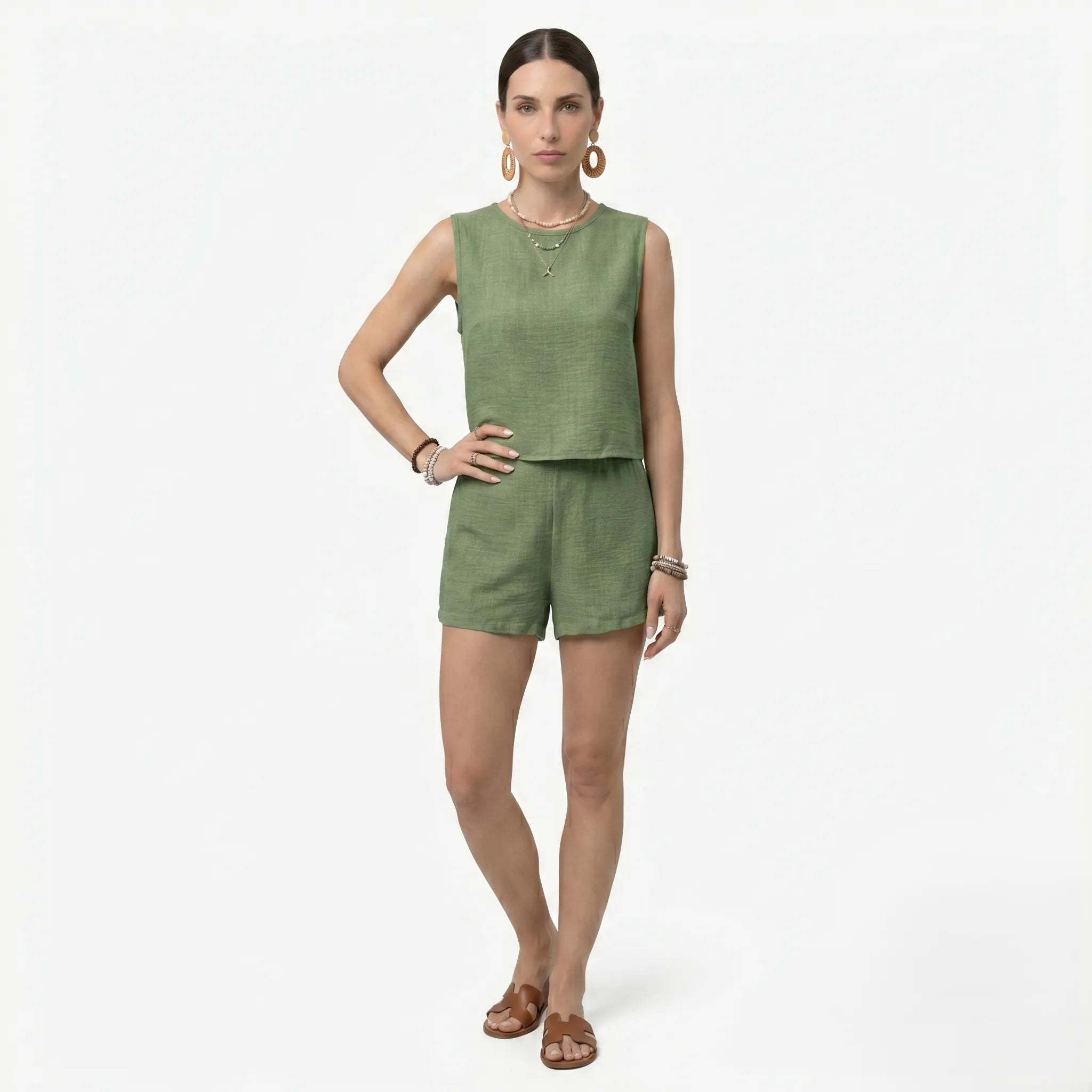 Oldevaine | Women's Two Piece Set Crew Neck Sleeveless Top and Shorts - optimize