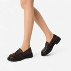 Oldevaine | Women's Leather Platform Loafers Slip On Penny Shoes - optimize