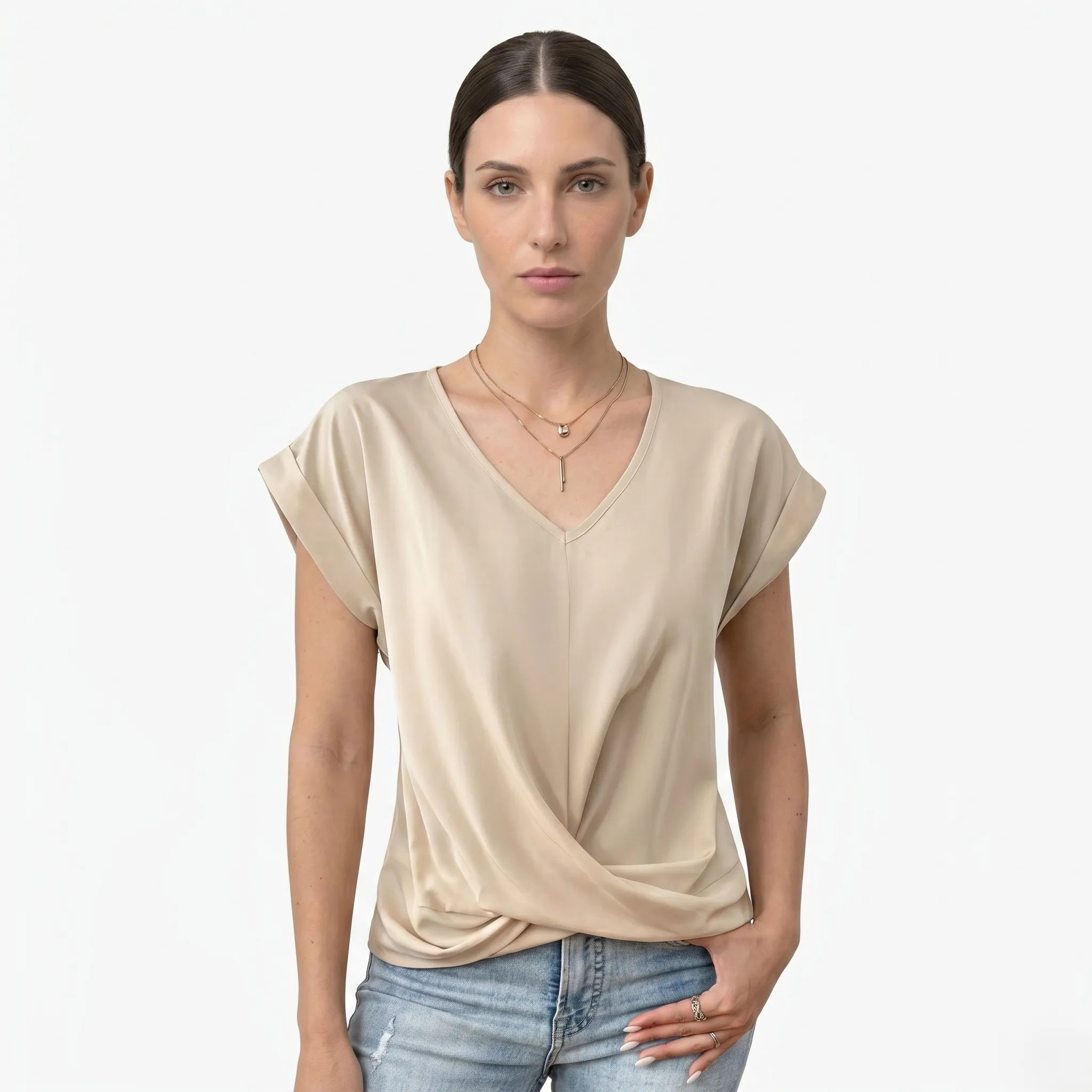 Oldevaine | Women's V Neck Short Sleeve Wrap Front Blouse Top - optimize