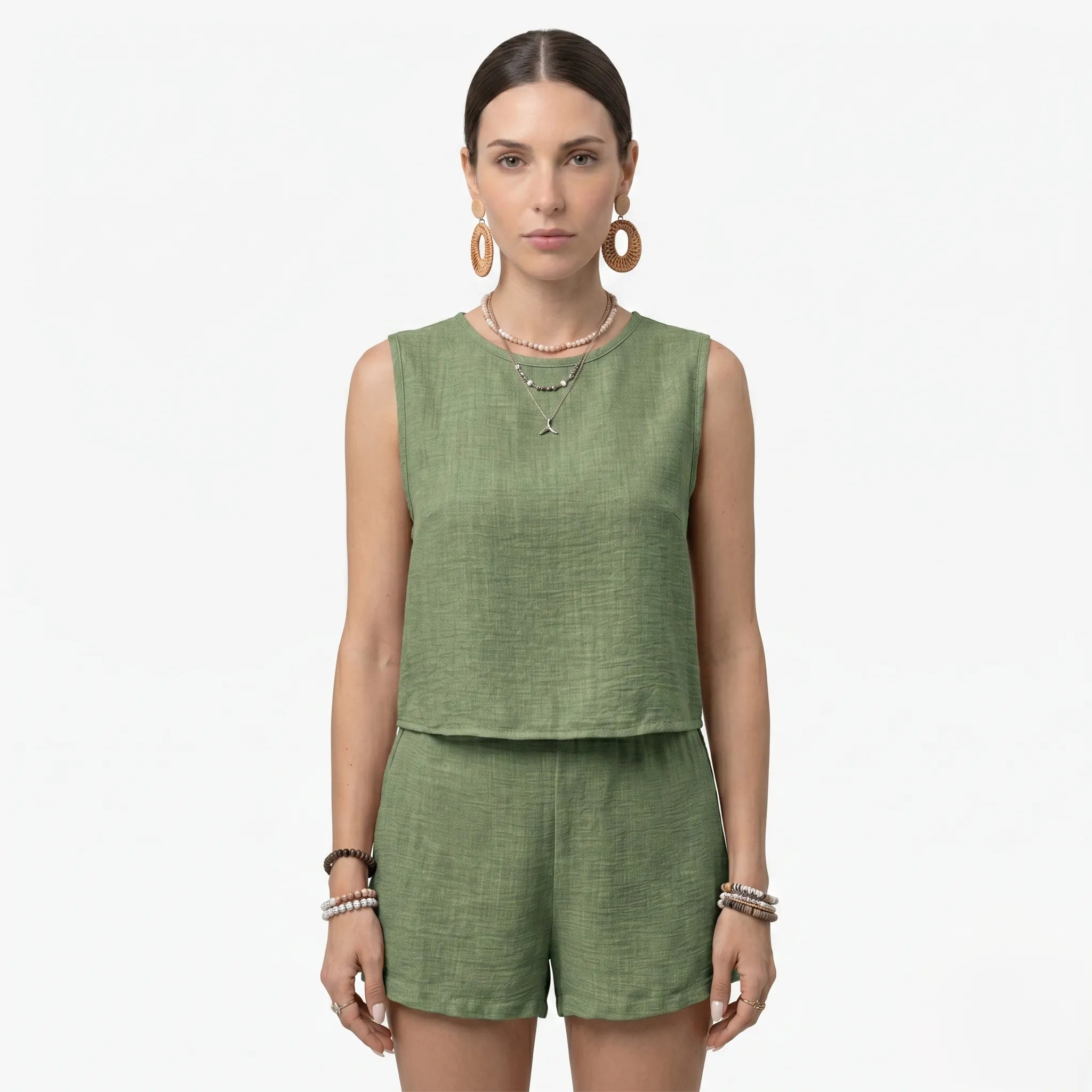 Oldevaine | Women's Two Piece Set Crew Neck Sleeveless Top and Shorts - optimize